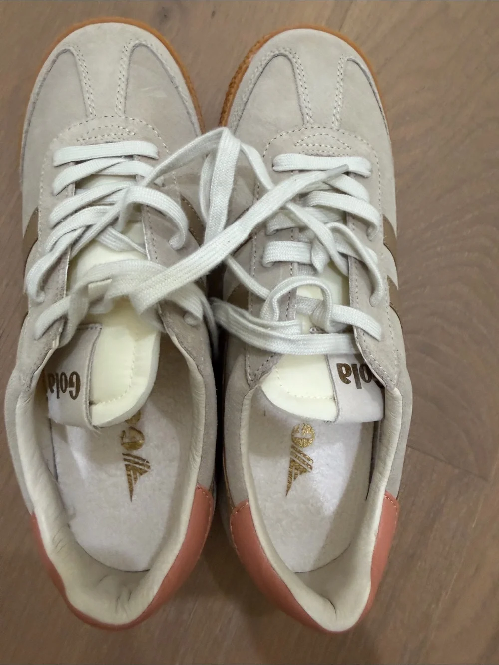 New Gola  Beige Suede Sneaker with Tan Stripes and Coral Heel size 39
